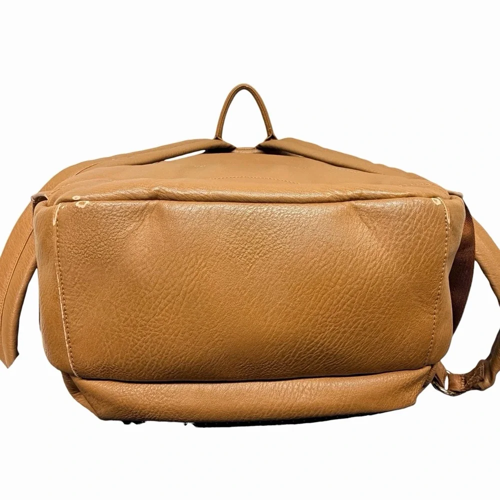 Miss Fong Brown Faux Leather Backpack Diaper Bag Multi Pocket Striped Lining